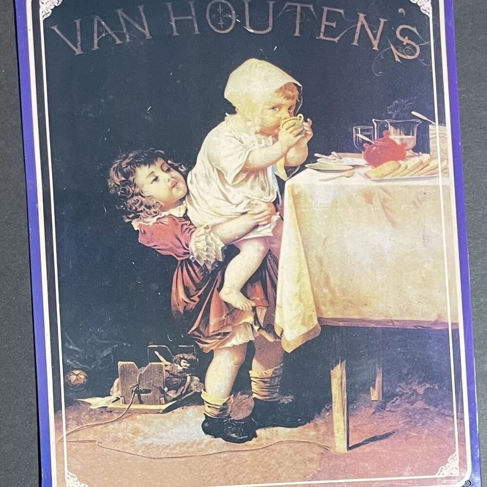VINTAGE VAN HOUTEN’S COCOA Metal Tin Metallic Shine Wall Decor Picture Sign
